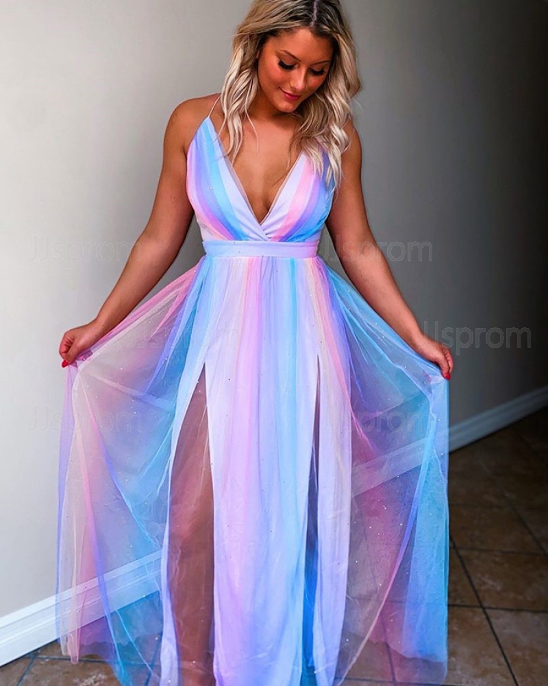 Ombre Tulle Spaghetti Straps Prom Dress with Side Slit PD2158