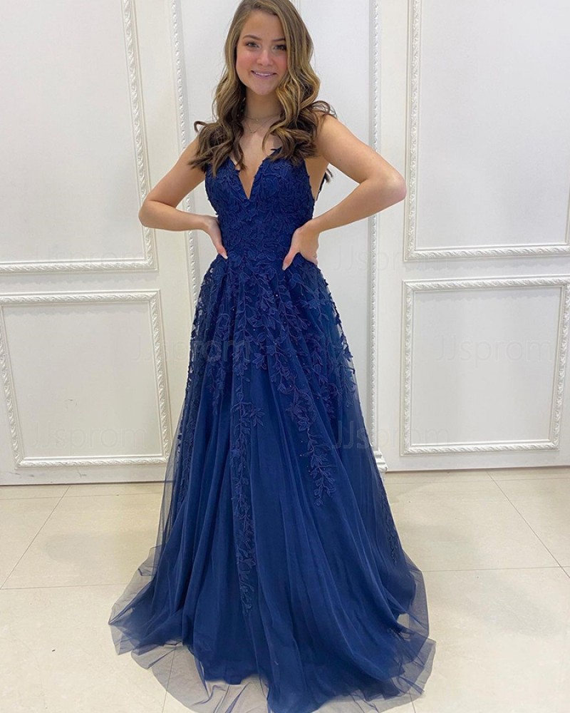 Navy Blue Applique V-neck A-line Prom Dress PD2159