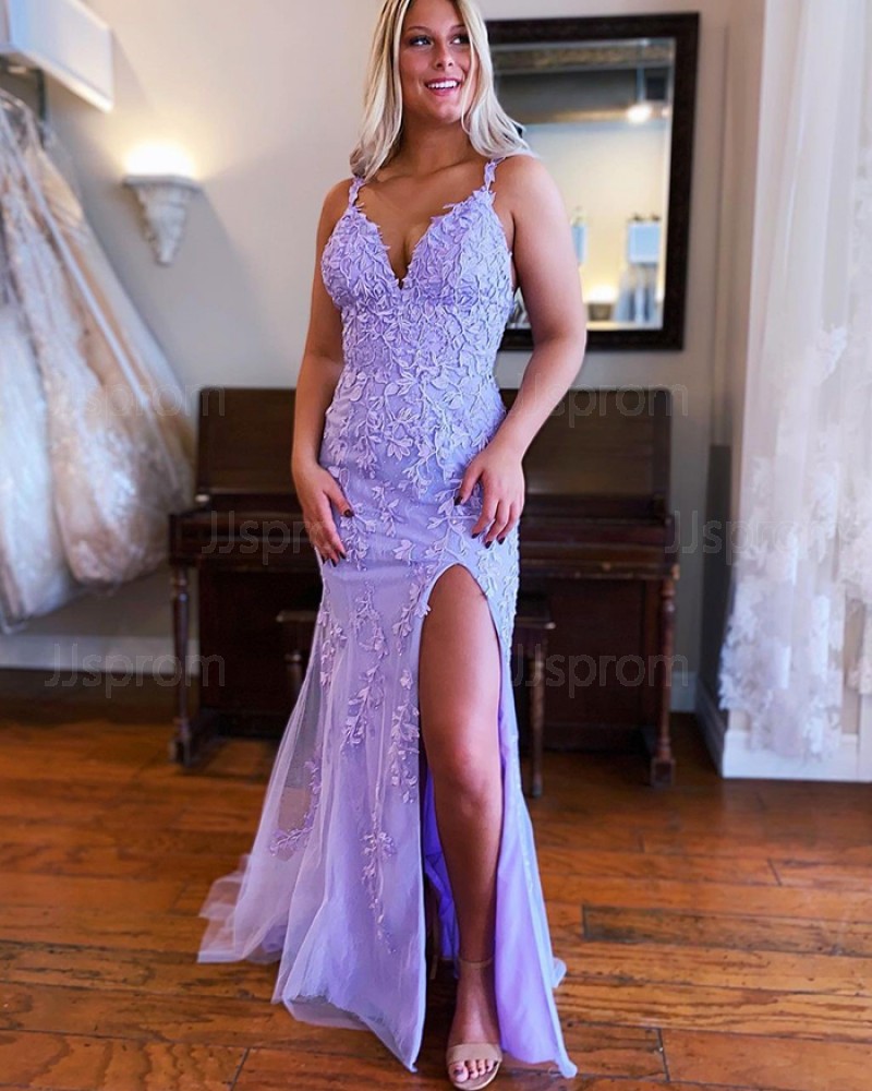 V-neck Applique Lace Mermaid Lavender Prom Dress with Side Slit PD2171