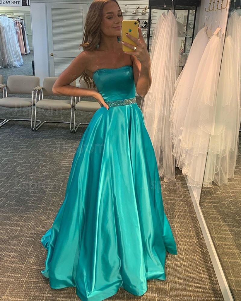 Simple Satin Strapless A-Line Prom Dress With Beading Waist PD2178