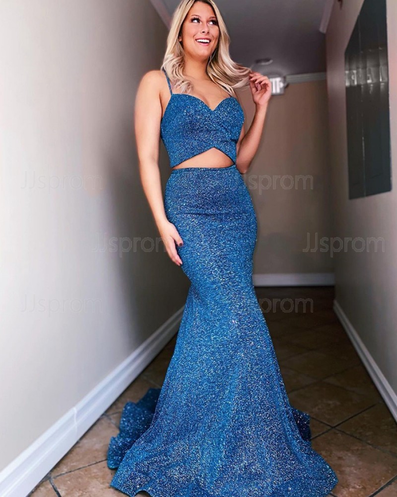 Spaghetti Straps Two Piece Navy Blue Sequin Mermaid Prom Dress PD2181