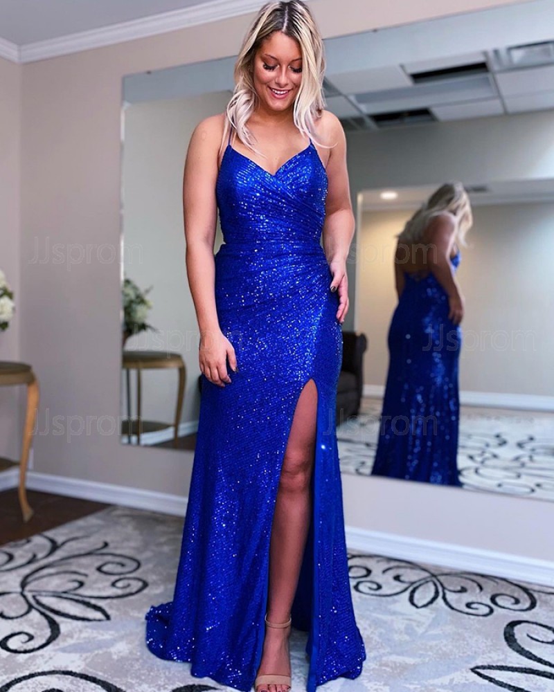 Blue Ruched Spaghetti Straps Sequin Prom Dress With Side Slit PD2183