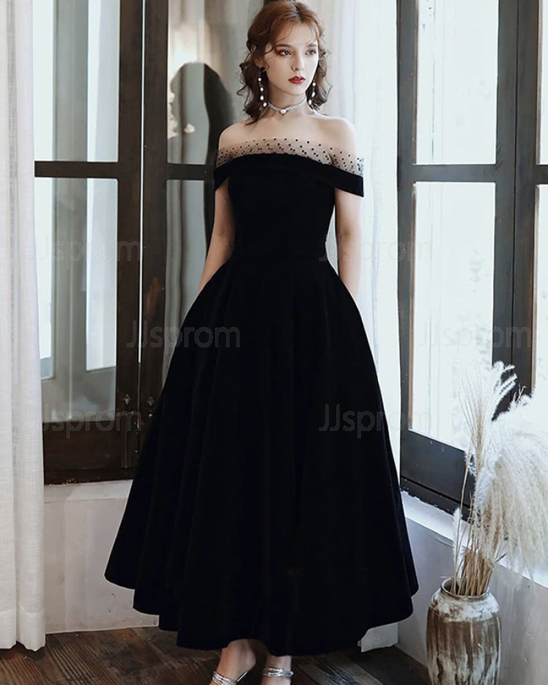 Black Ankle Length Off The Shoulder Satin Formal Dress With Pockets PD2186