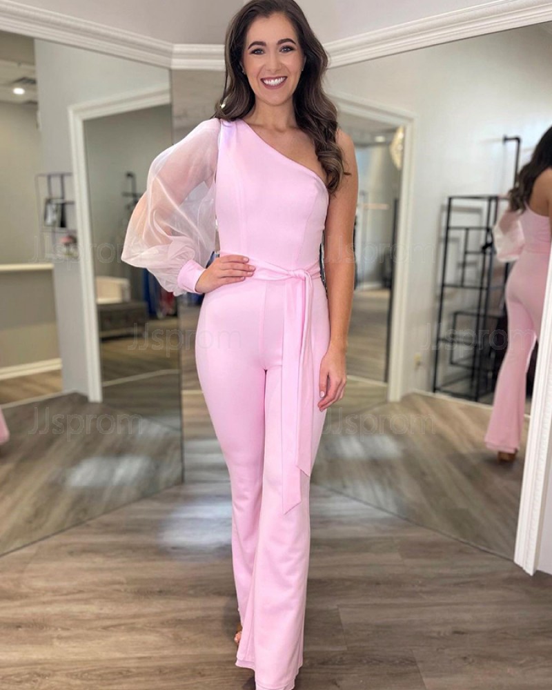One Shoulder Satin Pink Jumpsuit With Long Tulle Sleeves PD2187