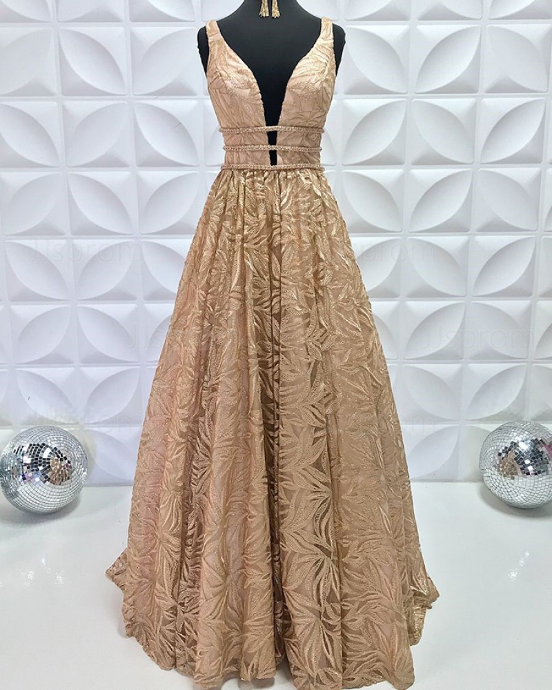 Beading Lace V-Neck A-Line Gold Pleated Formal Dress PD2195