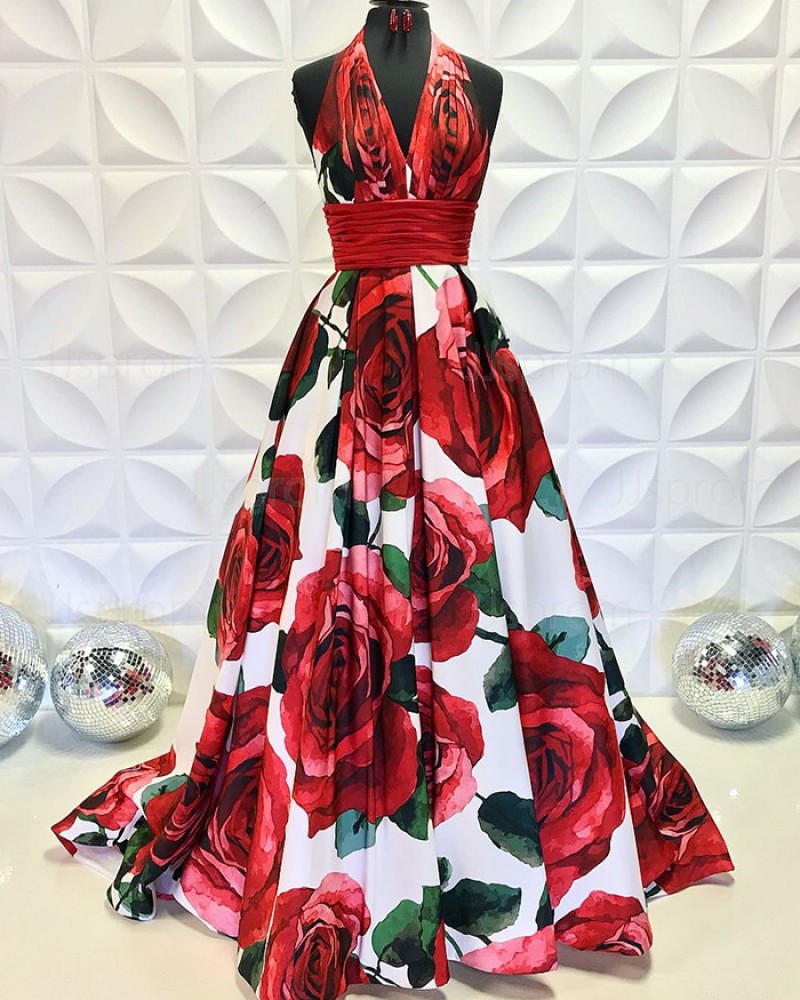 Rose Print Satin Halter A-Line Formal Dress PD2196