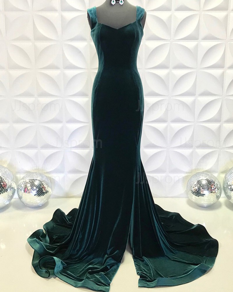 Velvet Dark Green Square Neckline Mermaid Formal Dress With Side Slit PD2197