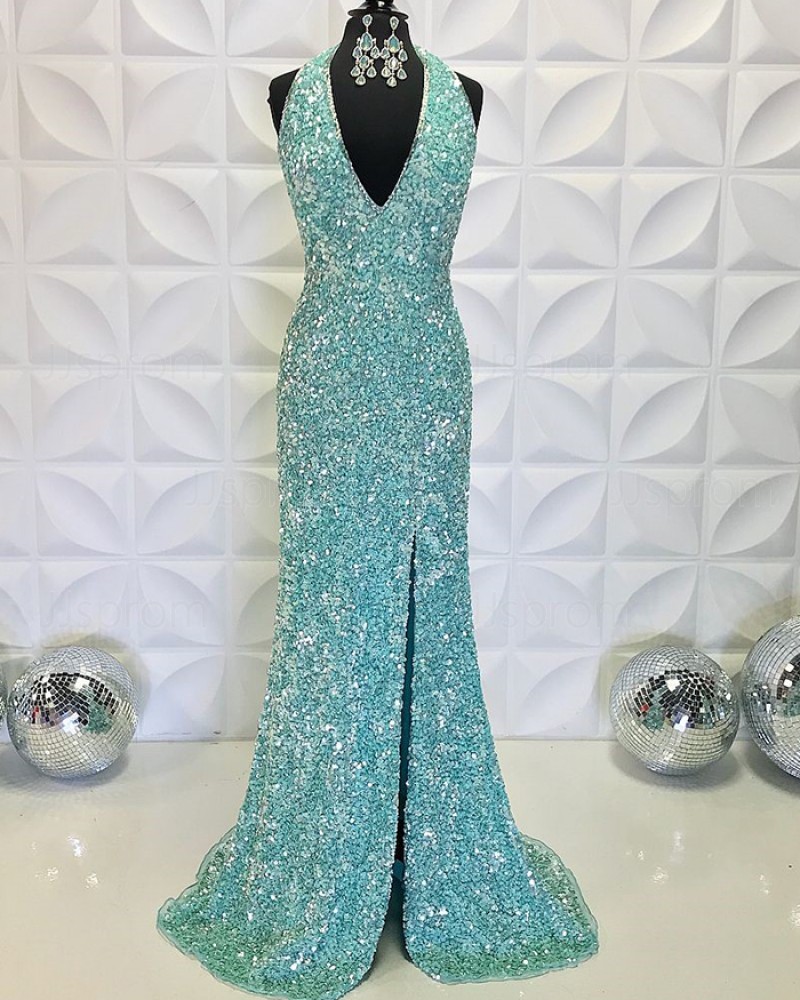 Sequin V-Neck Lake Blue Mermaid Formal Dress With Side Slit PD2198