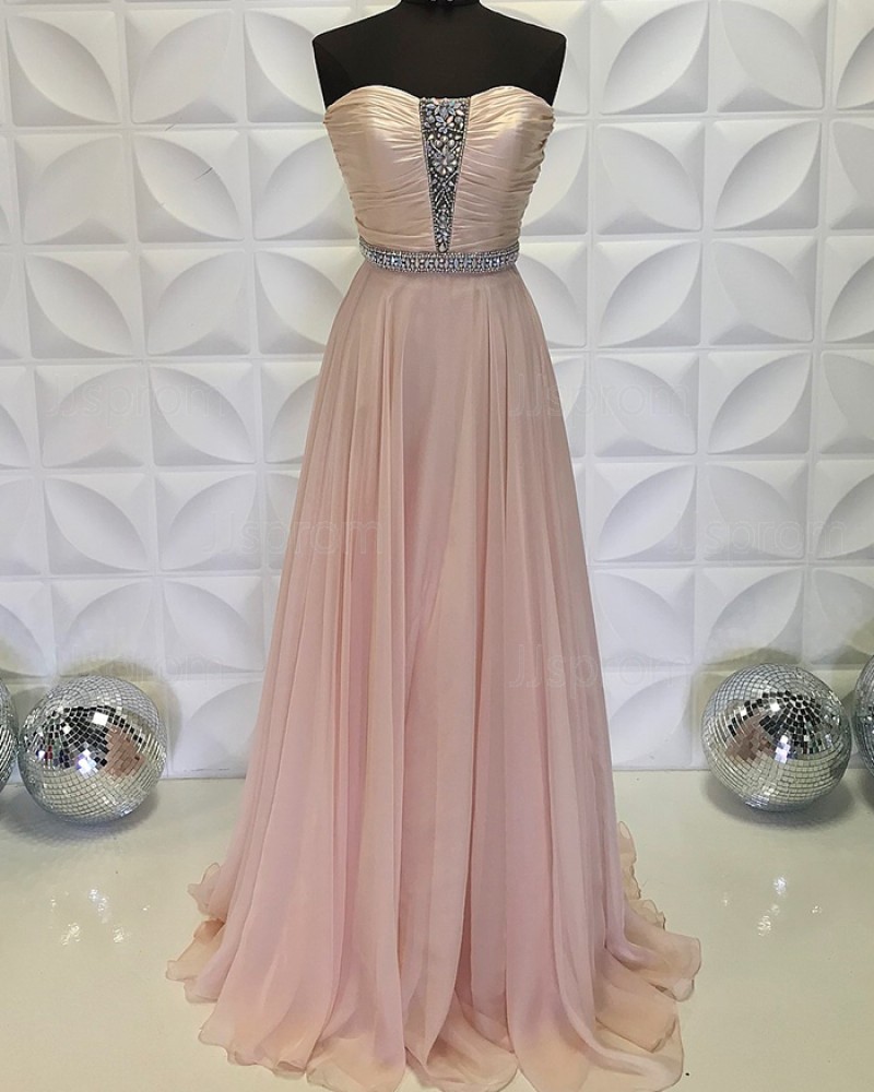 Beading Bodice Strapless Ruched Chiffon Dusty Pink Formal Dress PD2199