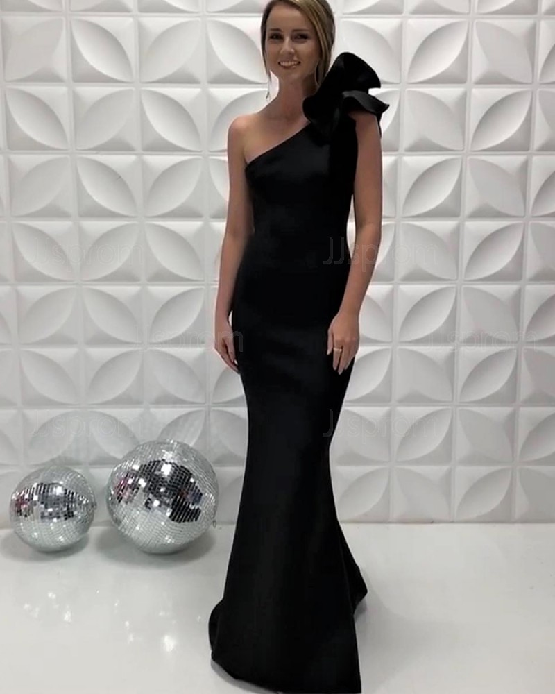 One Shoulder Satin Simple Black Mermaid Prom Dress PD2204