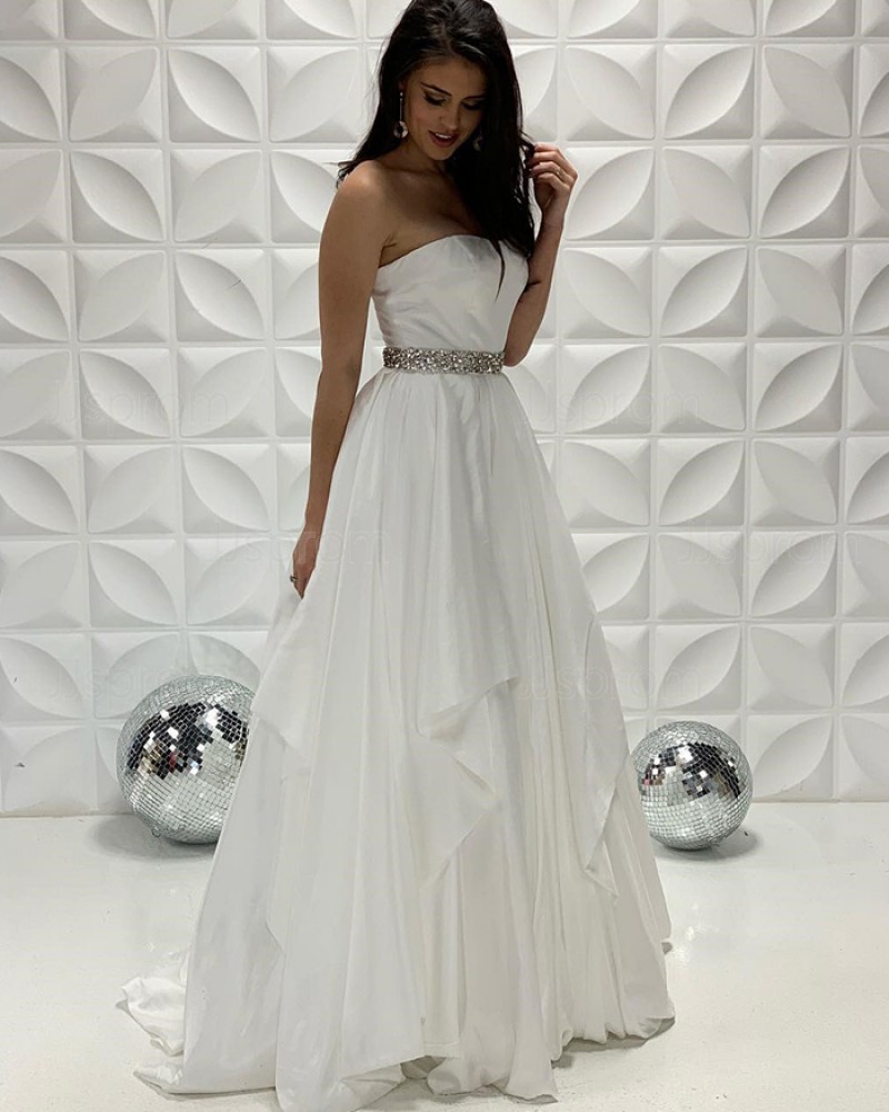 White Strapless Satin A-Line Formal Dress With Beading Sashes PD2205