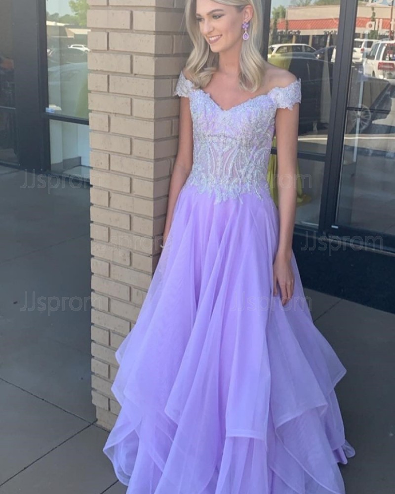 Lavender V-Neck Applique Bodice Tulle Prom Dress PD2209