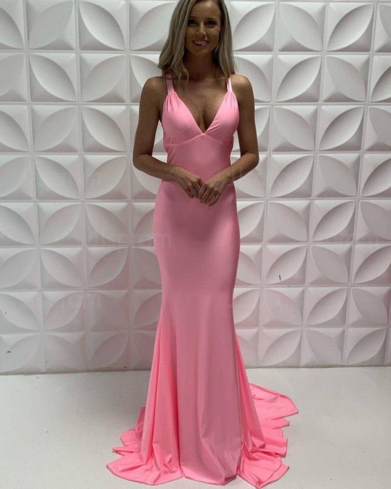 V-Neck Pink Satin Simple Mermaid Ruched Formal Dress PD2217