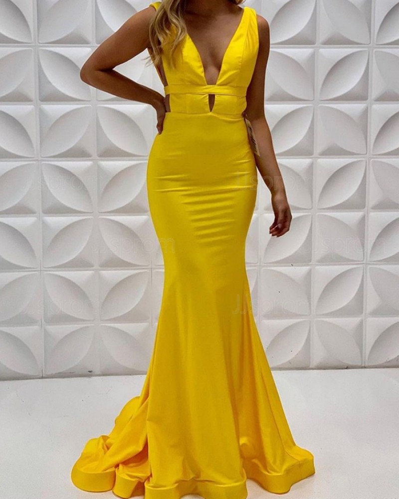 Yellow Satin V-Neck Mermaid Simple Long Prom Dress PD2224