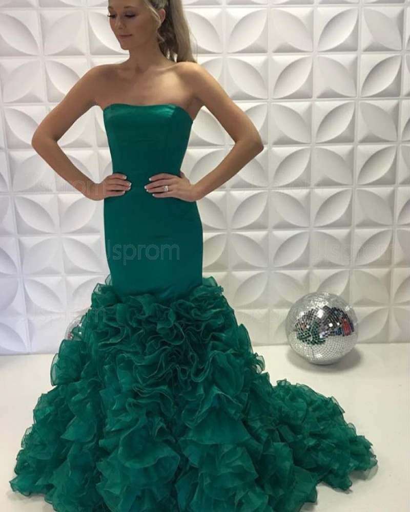 Green Satin Strapless Ruffled Mermaid Long Prom Dress PD2226