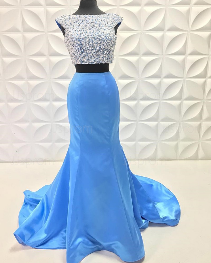 Beading Bodice Two Piece Sky Blue Mermaid Prom Dress PD2227