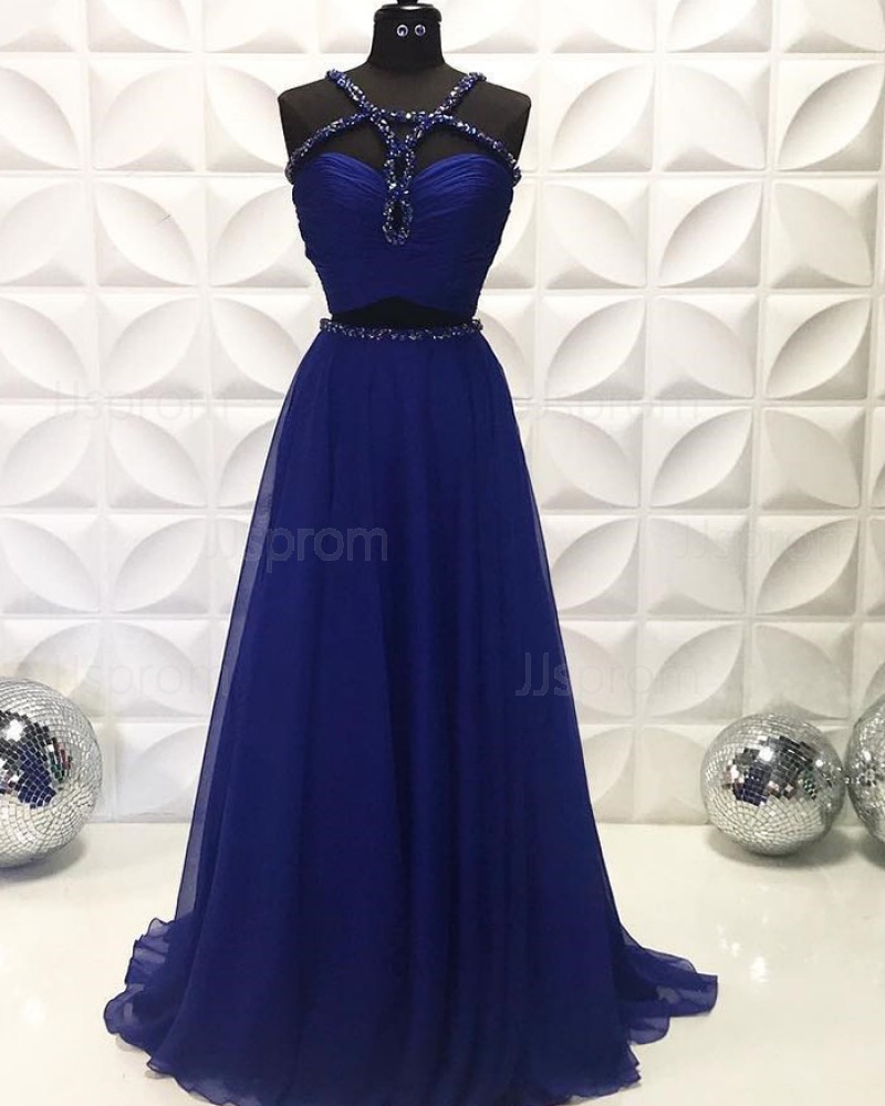 Navy Blue Two Piece Beading Ruched Chiffon Prom Dress PD2228
