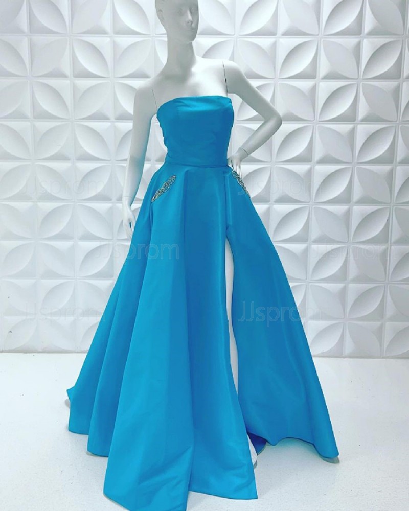 Satin Simple Strapless Side Slit Prom Dress With Beading Pockets PD2229