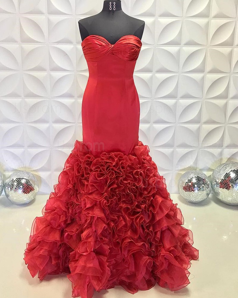 Ruched Red Satin Sweetheart Mermaid Prom Dress With Ruffled Skirt PD2230