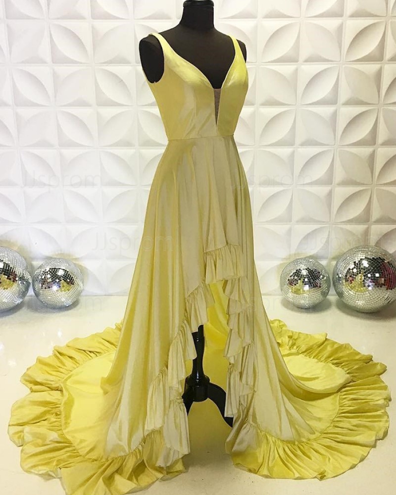 V-Neck Light Yellow Simple High Low Ruffled Evening Dress PD2233