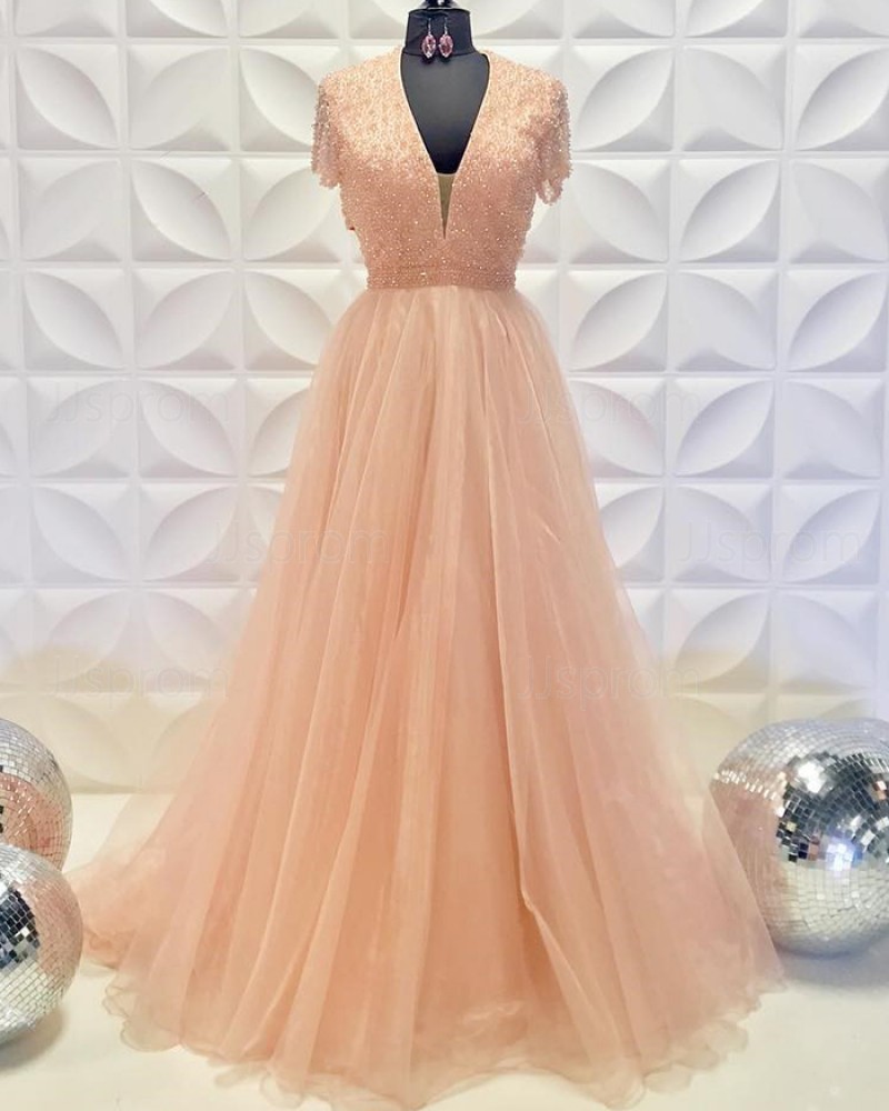 Beading Bodice Blush Pink V-Neck Tulle A-Line Prom Dress PD2235