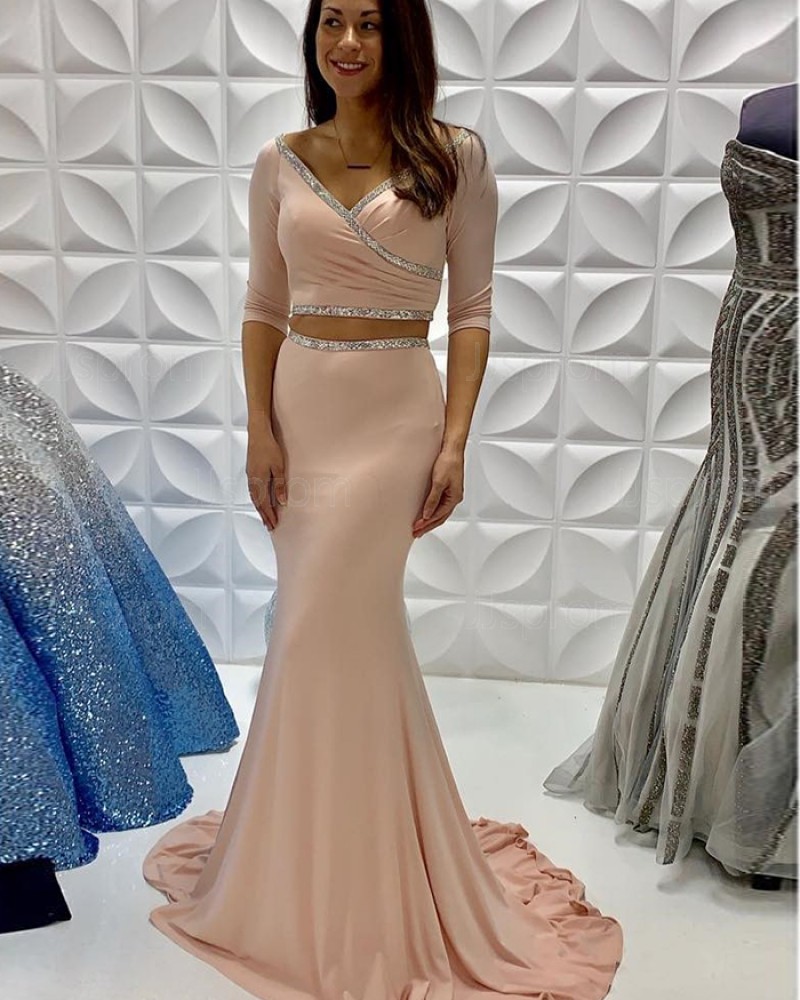 Nude Satin Ruched Two Piece Mermaid Beading Prom Dress With Half Length Sleeves PD2239