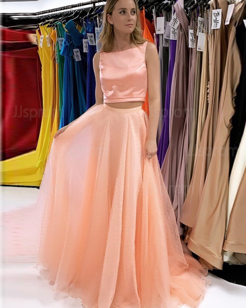 Blush Pink Bateau Neckline Two Piece Prom Dress With Beading Skirt PD2240