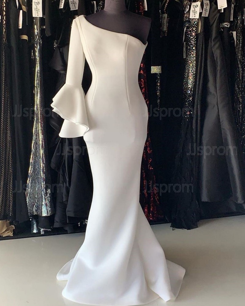 White Satin Mermaid One Shoulder Prom Dress With 3/4 Length Sleeves PD2244