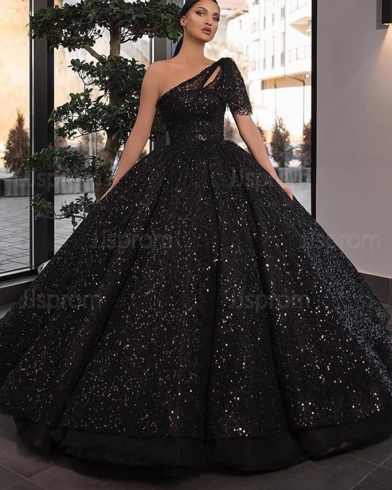 Black Sequin One Shoulder Ball Gown Prom Dress With Short Sleeves PD2245