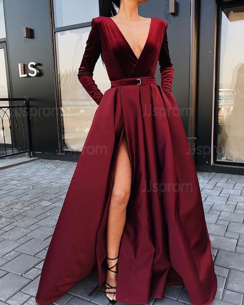 V-Neck Burgundy Satin Long Sleeve Simple Prom Dress With Side Slit PD2249