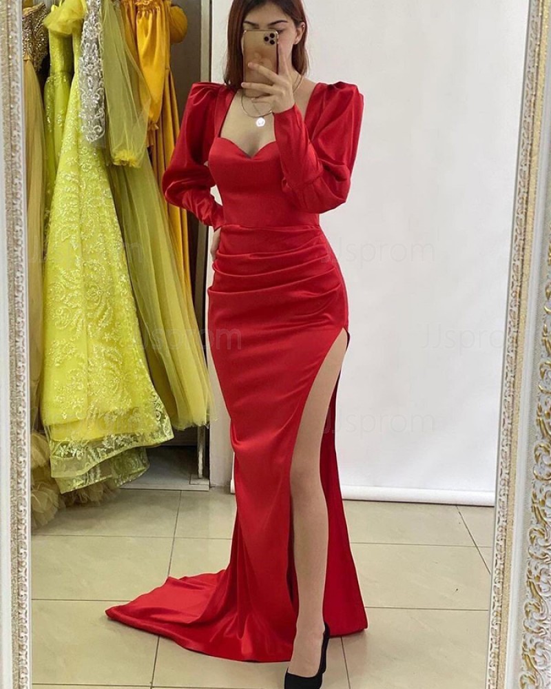 Red Ruched Long Sleeve Square Neckline Prom Dress With Side Slit PD2250