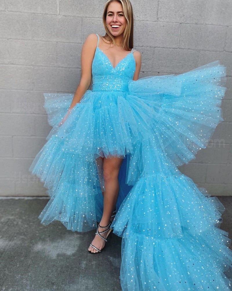 Spaghetti Straps Light Blue High Low Sequin Ruffle Prom Dress PD2255