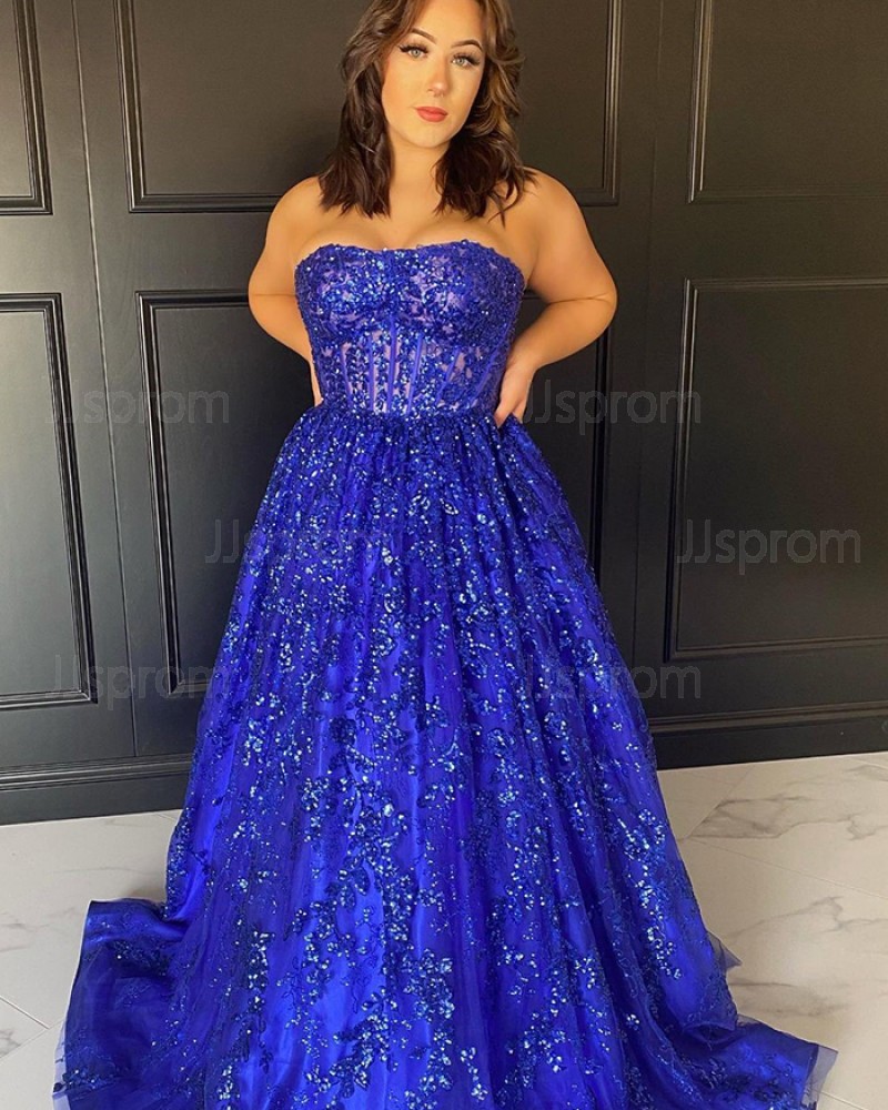 Royal Blue Sequin Strapless A-Line Prom Dress PD2256