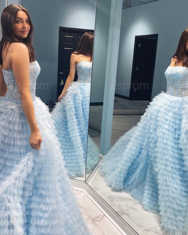 Spaghetti Straps Light Blue Lace Bodice Prom Dress With Ruffle Skirt PD2257
