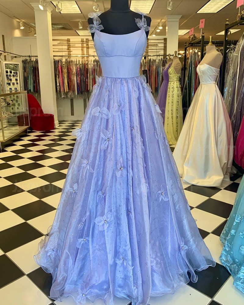 Spaghetti Straps Light Blue Beading Pleated Prom Dress With 3D Flowers PD2258