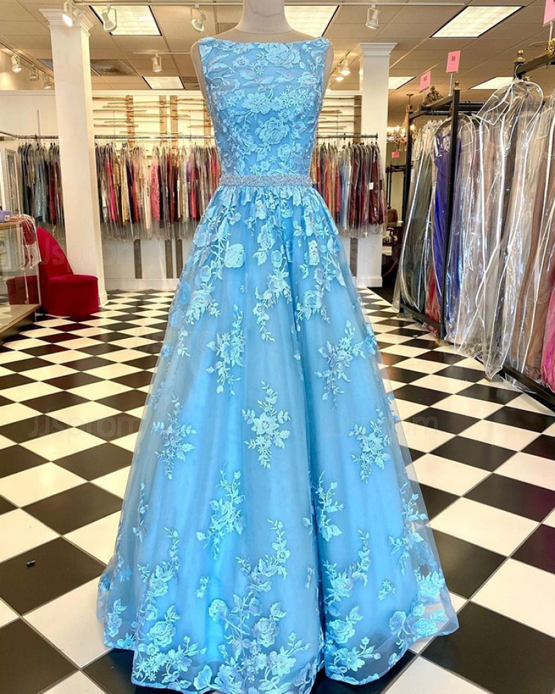 Lace Bateau Neckline Mint Prom Dress With Beading Waist PD2259