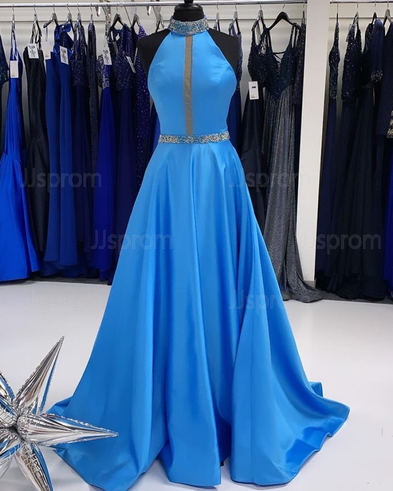 Beading Blue High Neck Satin A-Line Prom Dress PD2262