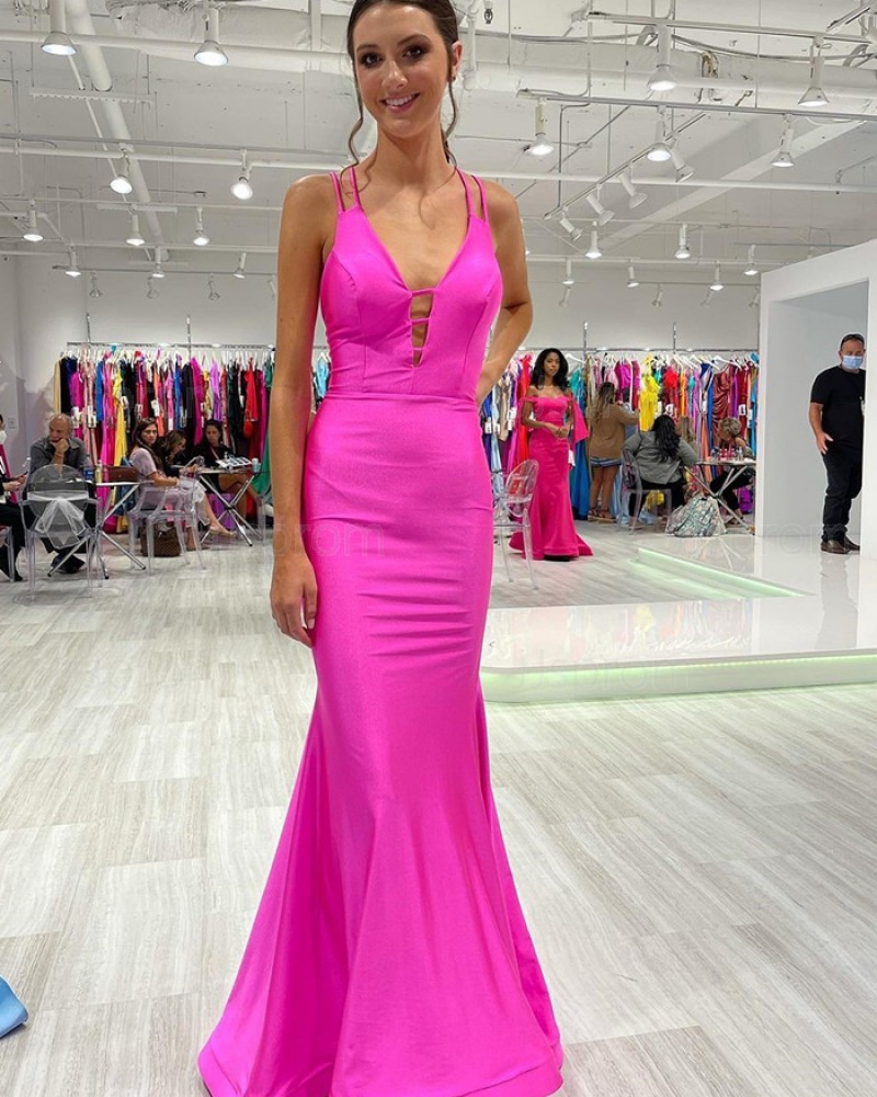 Cutout Fuchsia Double Spaghetti Straps Satin Mermaid Formal Dress PD2272