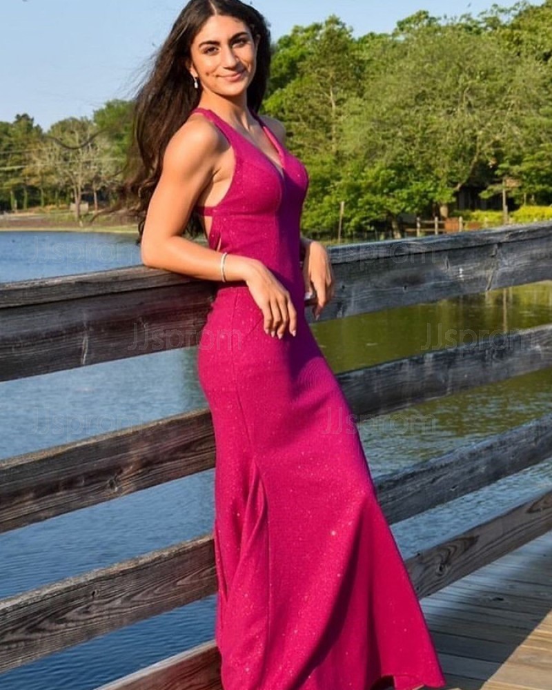 Sparkle V-neck Satin Mermaid Burgundy Formal Dress PD2275