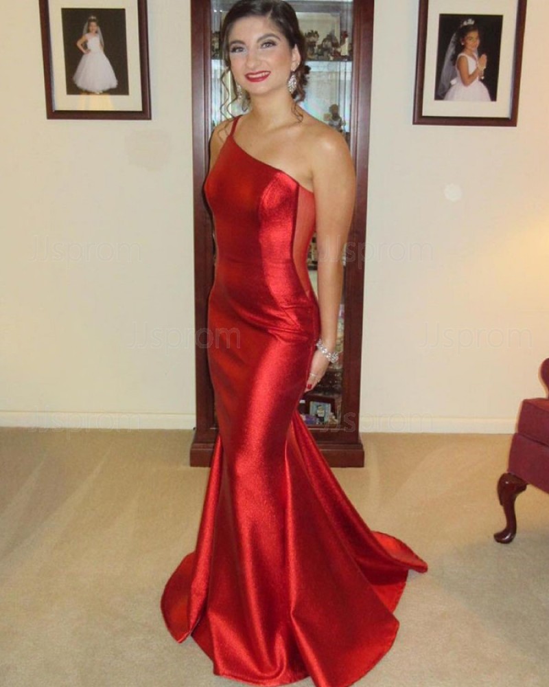 Red Mermaid One Shoulder Satin Formal Dress PD2276