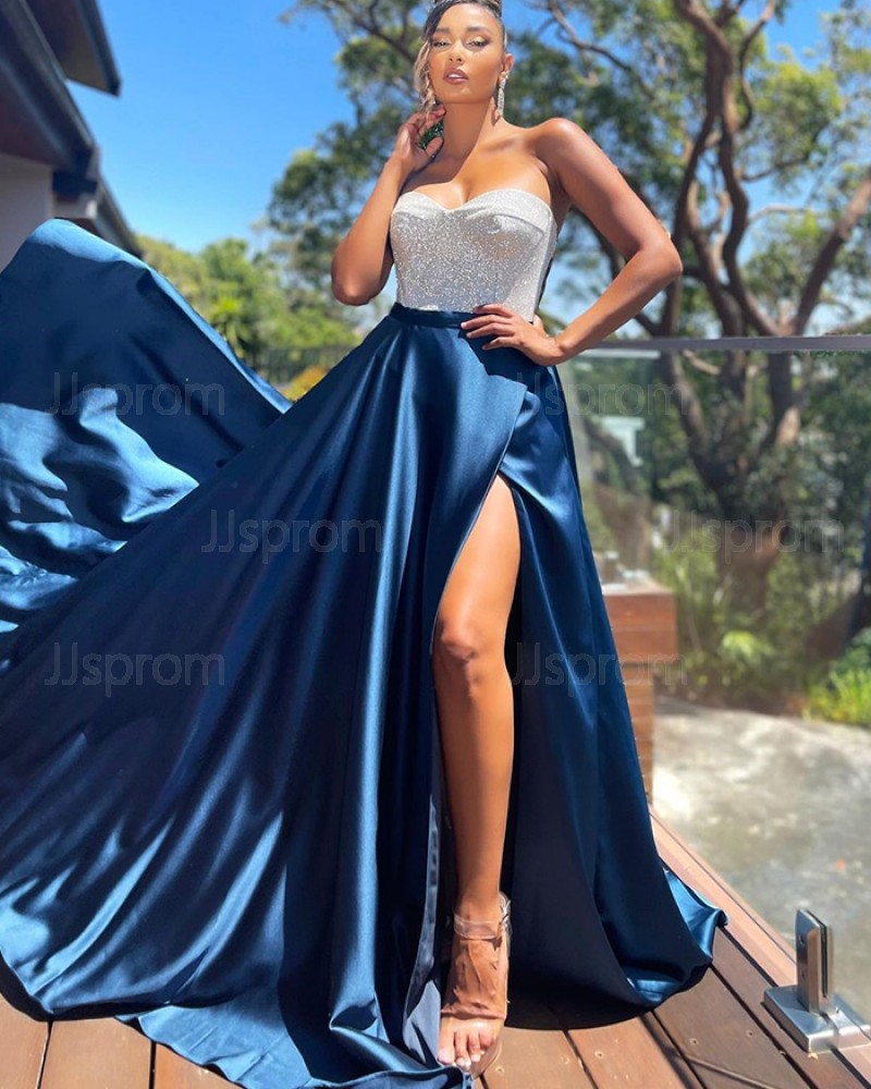 Sequin Bodice Navy Blue Satin Sweetheart Formal Dress with Side Slit PD2288