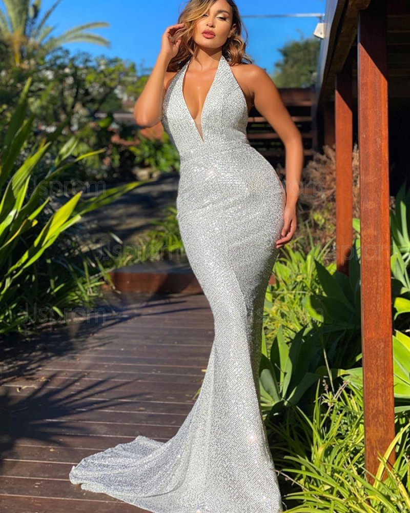 Silver Sequin Mermaid Halter Formal Dress PD2290