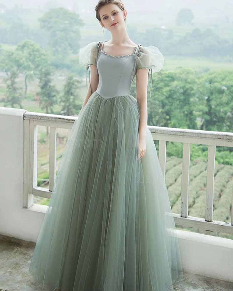 Mint Tulle Ball Gown Scoop Formal Dress with Short Bubble Sleeves PD2293