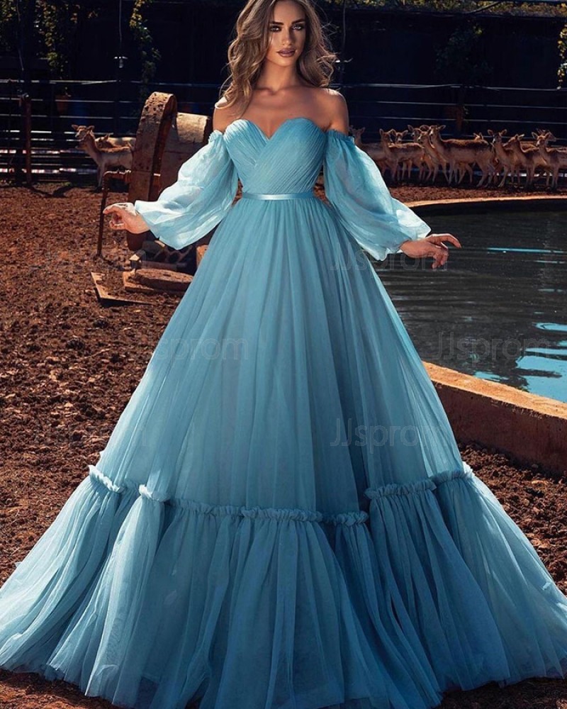 Ruched Tulle Blue Off the Shoulder Formal Dress with Long Sleeves PD2297