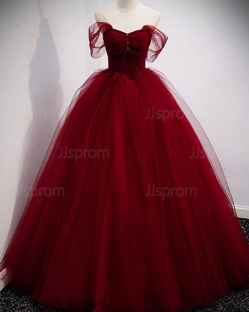Burgundy Tulle Off the Shoulder Ball Gown Formal Dress PD2303