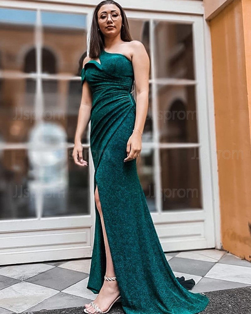 Cutout One Shoulder Sparkle Green Ruched Mermaid Formal Dress with Side Slit PD2305