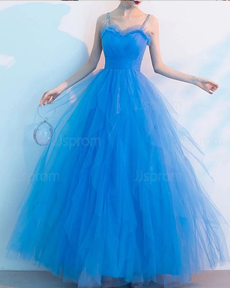 Blue Spaghetti Straps Ruched Tulle Formal Dress PD2306