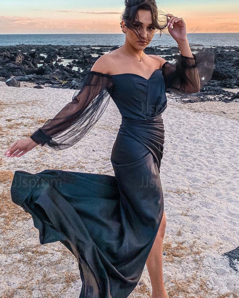 Black Ruched Satin Off the Shoulder Mermaid Formal Dress with Long Tulle Sleeves PD2307