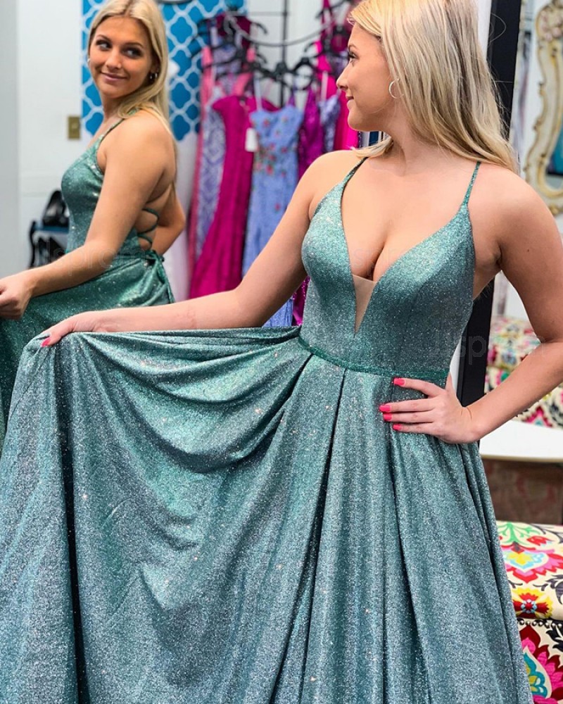 Sparkle Spaghetti Straps Green Pleated Formal Dress PD2312