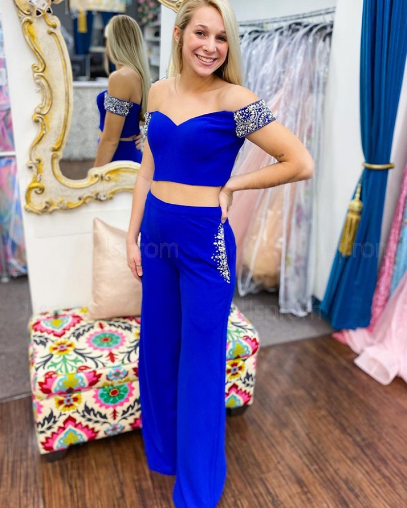 Two Piece Off the Shoulder Royal Blue Beading Jumpsuit PD2313